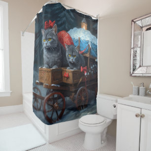 Oriental Blue Cat Snowy Sleigh Christmas Decor Shower Curtain