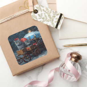 Oriental Blue Cat Snowy Sleigh Christmas Decor Square Sticker