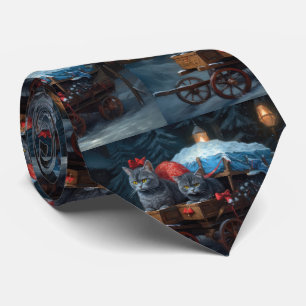 Oriental Blue Cat Snowy Sleigh Christmas Decor Tie