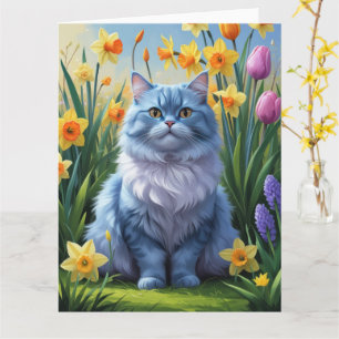 Oriental Blue Cat Spring Flowers Painting  Card