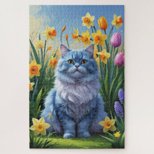 Oriental Blue Cat Spring Flowers Painting  Jigsaw Puzzle