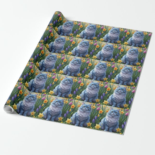 Oriental Blue Cat Spring Flowers Painting  Wrapping Paper (Unrolled)