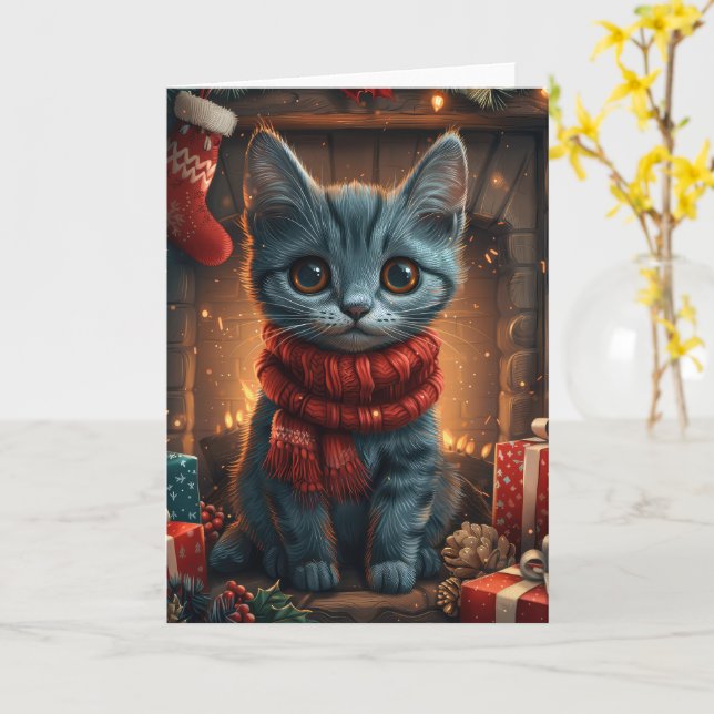 Oriental Blue Cat With Christmas Gift Fireplace Card (Yellow Flower)