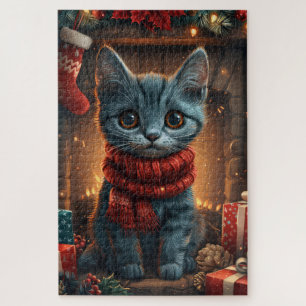 Oriental Blue Cat With Christmas Gift Fireplace Jigsaw Puzzle