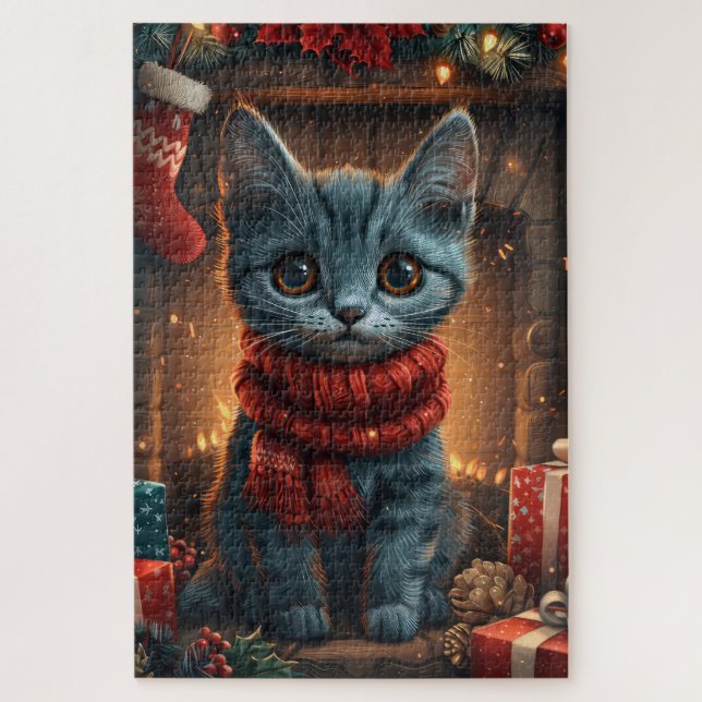 Oriental Blue Cat With Christmas Gift Fireplace Jigsaw Puzzle (Vertical)