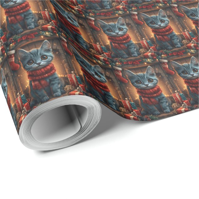 Oriental Blue Cat With Christmas Gift Fireplace Wrapping Paper (Roll Corner)
