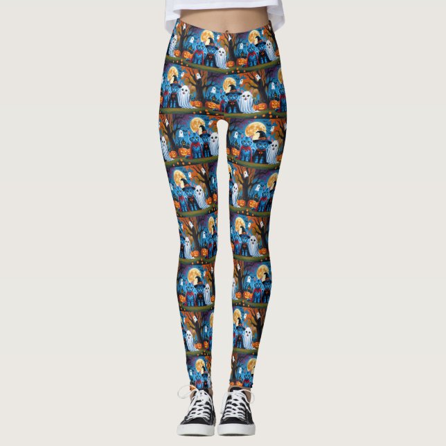 Oriental Blue Cats Pumpkin Halloween Funny Leggings (Front)