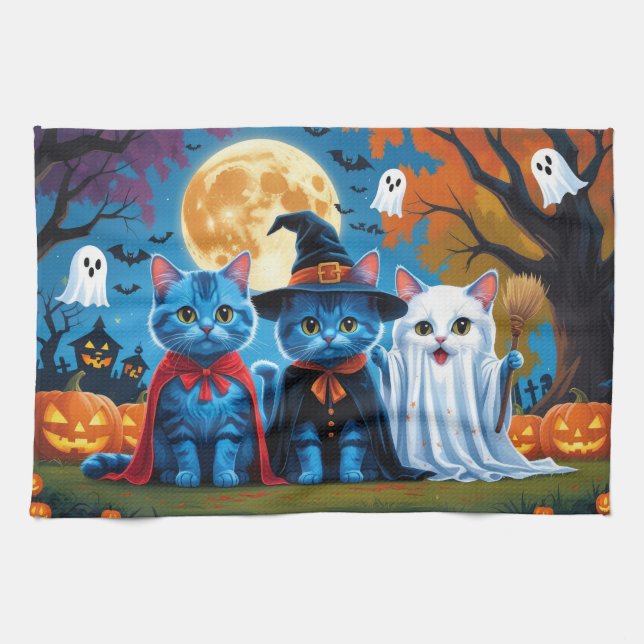 Oriental Blue Cats Pumpkin Halloween Funny Tea Towel (Horizontal)