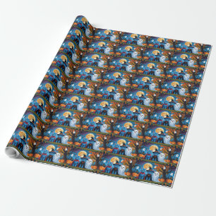 Oriental Blue Cats Pumpkin Halloween Funny Wrapping Paper