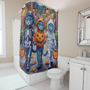 Oriental Blue Cats Trick-or-Treating Halloween  Shower Curtain