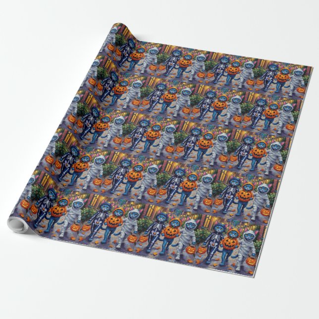 Oriental Blue Cats Trick-or-Treating Halloween  Wrapping Paper (Unrolled)
