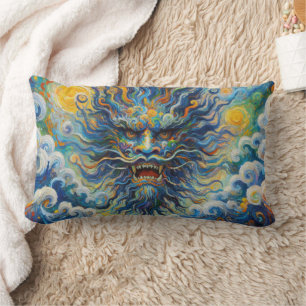Oriental blue dragon Van Gogh clouds mashup Lumbar Cushion