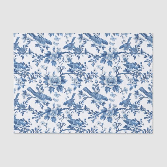 Oriental Blue Floral with Birds Pattern Tissue Paper (Front)