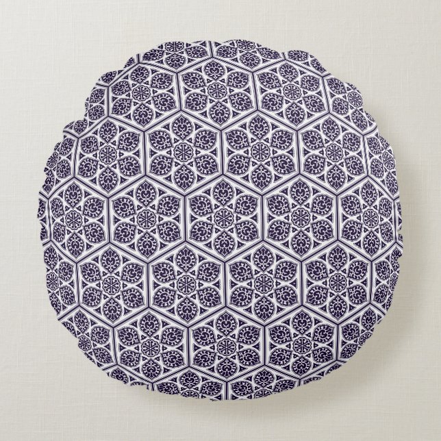 Oriental Blue Turkish Rosette Geometric Vector Art Round Cushion (Front)