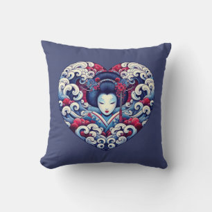 Oriental blue violet abstract Geisha waves heart Cushion