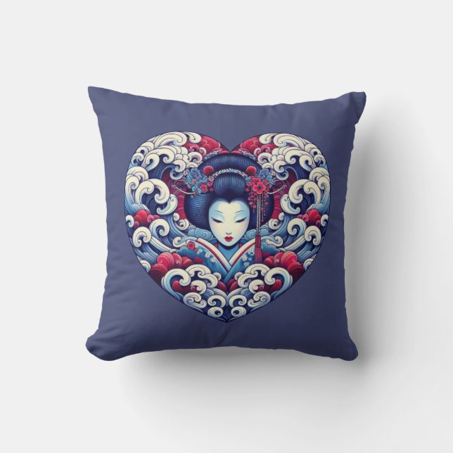 Oriental blue violet abstract Geisha waves heart Cushion (Front)