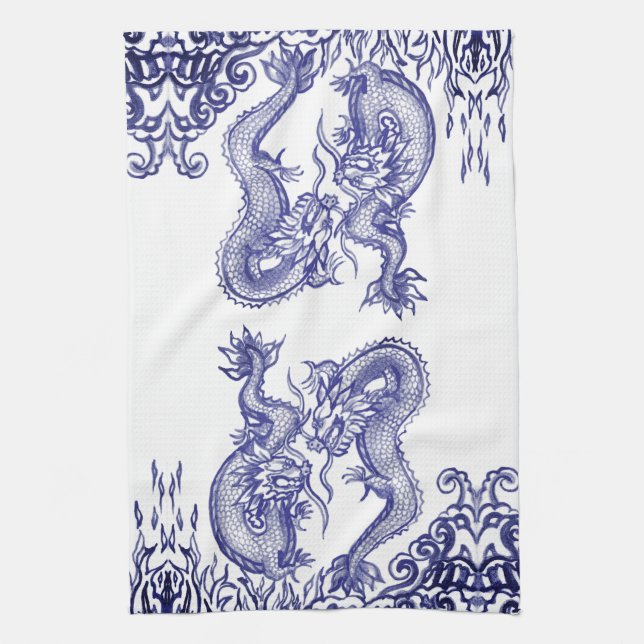 Oriental Blue White Dragon Chinese Fire & Water Tea Towel (Vertical)