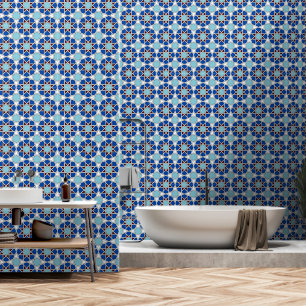 Oriental Blue White Moroccan Geometric Arabesque Wallpaper