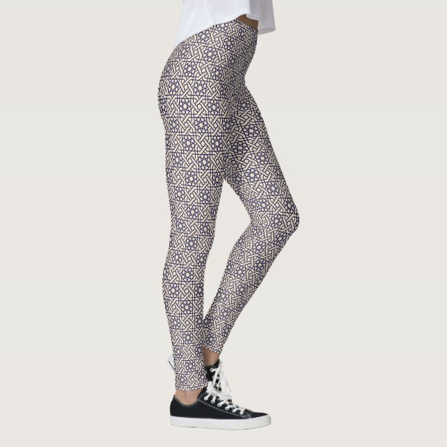 Oriental Blue White Moroccan Geometric Pattern Leggings (Right)