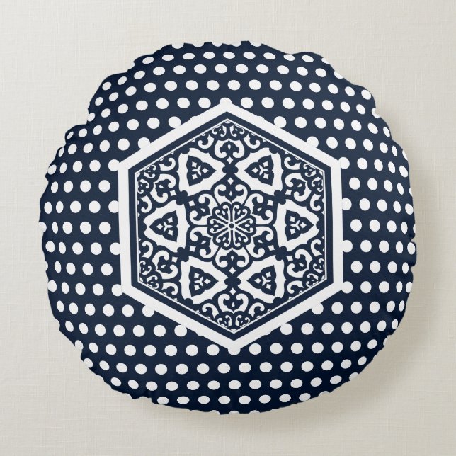 Oriental Blue White Ottoman Turkish Tracery Art Round Cushion (Front)