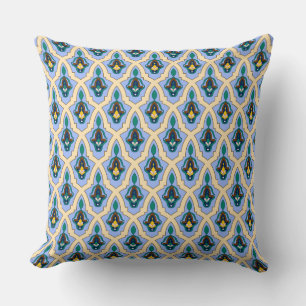 Oriental Blue Yellow Moroccan Arabic Tracery Art Cushion