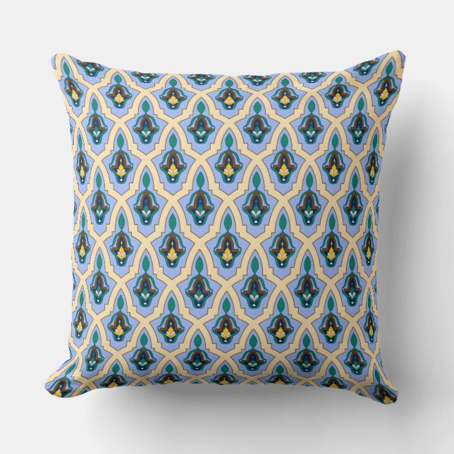 Oriental Blue Yellow Moroccan Arabic Tracery Art Cushion (Front)