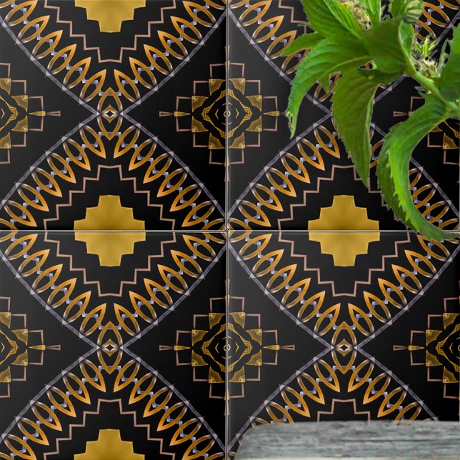 Oriental Bohemian Moroccan Black and Gold Pattern Ceramic Tile (Creator Uploaded)