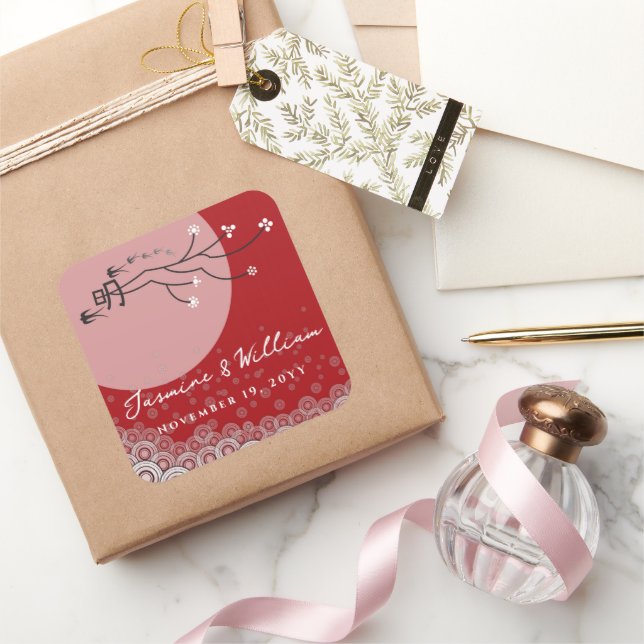 Oriental Bright Moon Swallows Birds Zen Modern Art Square Sticker (Gifting)