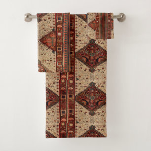 Oriental carpet design in orange and cream bath towel set