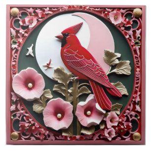 Oriental Carved Panel: Cardinal and Hollyhocks Ceramic Tile