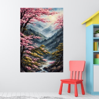 Oriental Cherry Blossoms Watercolor Painting Poster