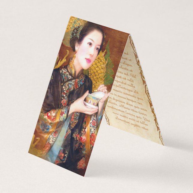 Oriental chinese lady holding cup of tea portrait business card (Front)