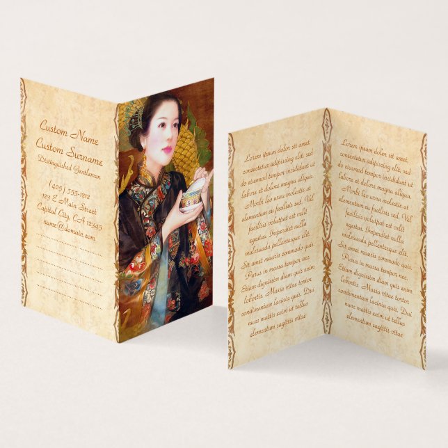 Oriental chinese lady holding cup of tea portrait business card (Inside and Outside)