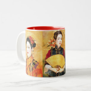 Oriental chinese lady vibrant portrait collage Two-Tone coffee mug