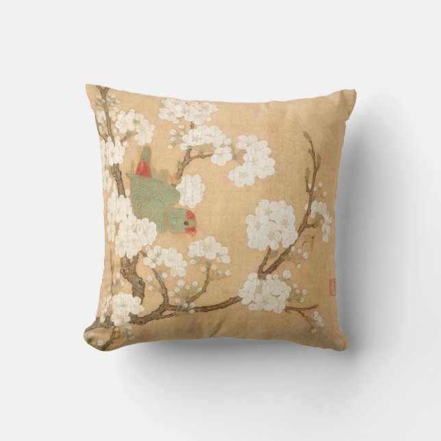 Oriental Chinese Parrot And Pear Blossoms Cushion (Front)