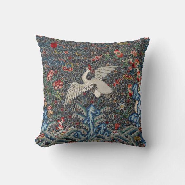 Oriental Chinese Qing Dynasty Crane And Bats Cushion (Front)