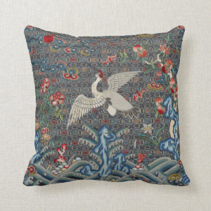 Oriental Chinese Qing Dynasty Crane And Bats Cushion