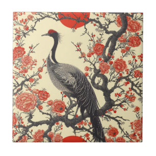 Oriental Crane and Peony - Traditional Asian Art Ceramic Tile