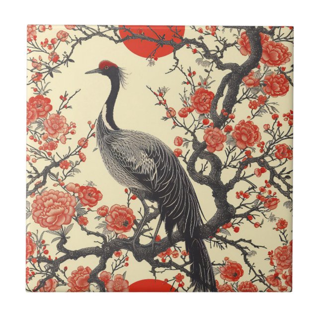 Oriental Crane and Peony - Traditional Asian Art Ceramic Tile (Front)