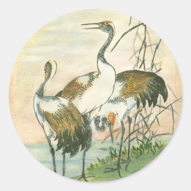 Oriental Cranes by the Water Classic Round Sticker (Front)