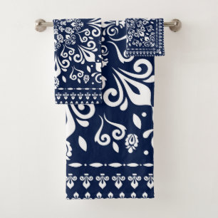 Oriental Damask Blue and White Bath Towel Set