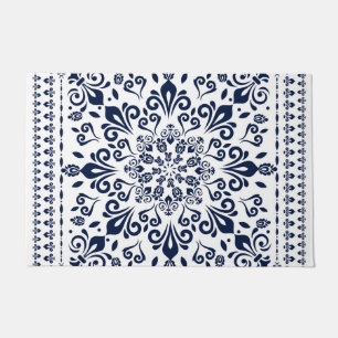 Oriental Damask blue on white Doormat