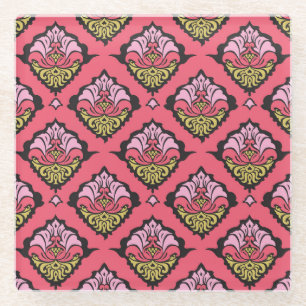 Oriental Damask Floral Seamless Wallpaper Glass Coaster