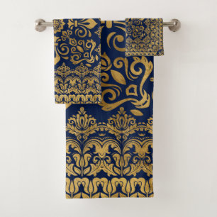 Oriental Damask Ornament - Gold on dark blue #1 Bath Towel Set