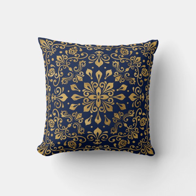 Oriental Damask Ornament - Gold on dark blue #2 Cushion (Front)