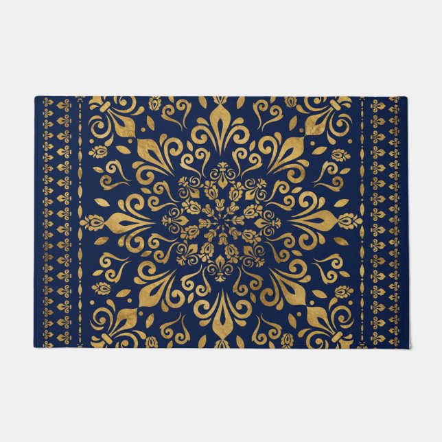 Oriental Damask Ornament - Gold on dark blue #3 Doormat (Front)