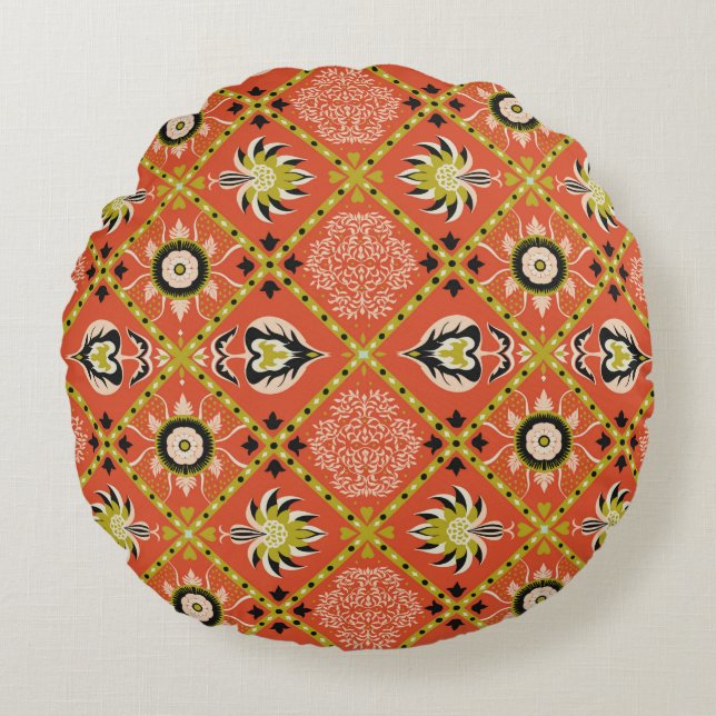 Oriental damask pattern. Talavera pottery. Azulejo Round Cushion (Front)