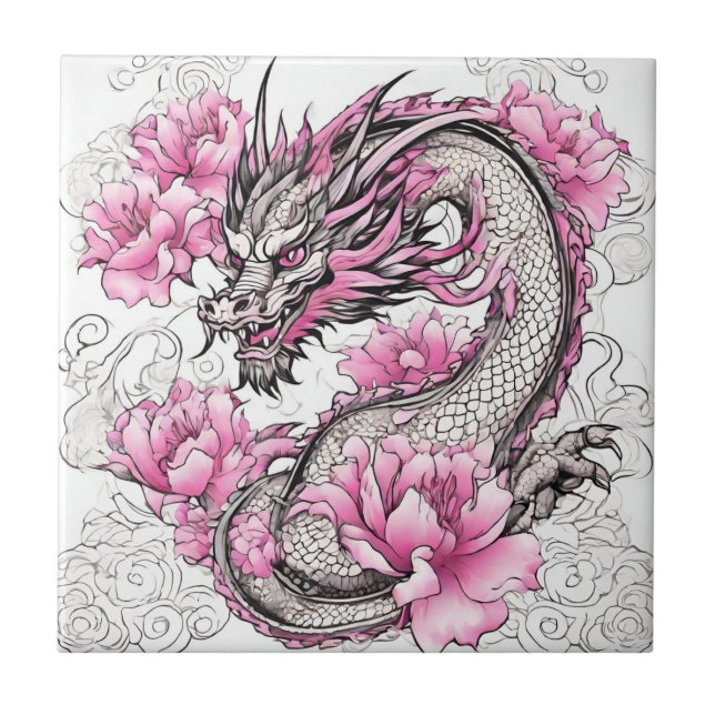 Oriental Dragon with Vibrant Pink Flowers  Ceramic Tile (Front)