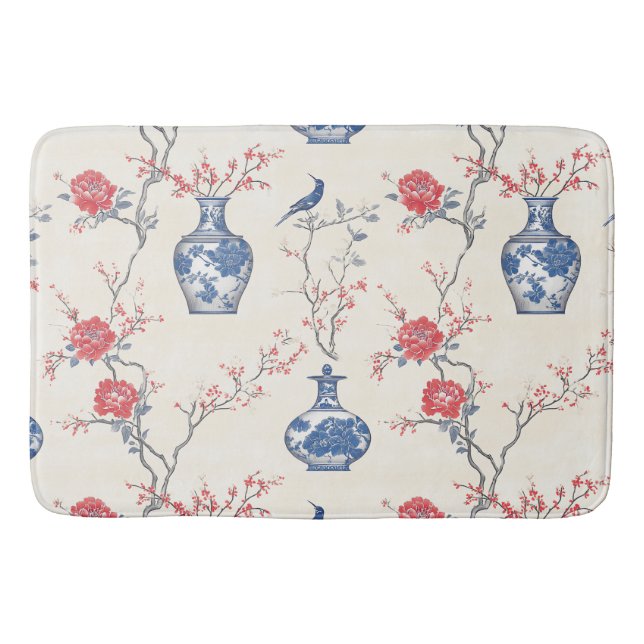 Oriental Elegance: Blue Porcelain and Blossoms Bath Mat (Front)
