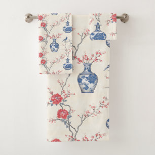 Oriental Elegance: Blue Porcelain and Blossoms Bath Towel Set
